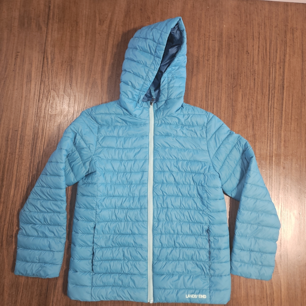 Lands' End Kids Aqua Hooded Puffer Jacket
